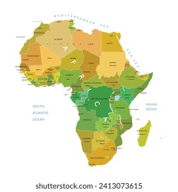 Mapa de África y separación de colores por país, ilustración vectorial aislada, eps