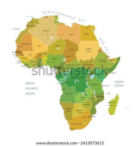 Map of Africa and Color Separation by Country according to the condition of the land, vector illustration isolated, eps