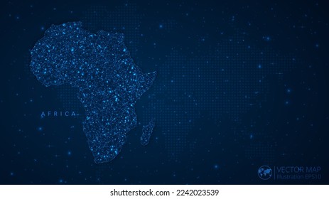 Map of Africa Continent modern design with polygonal shapes on dark blue background. Business wireframe mesh spheres from flying debris. Blue structure style vector illustration concept.