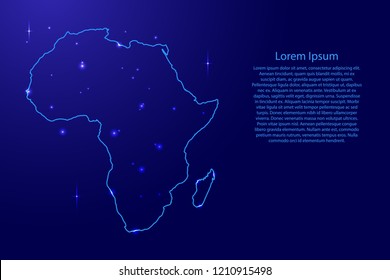 Map Africa from the contours network blue, luminous space stars for banner, poster, greeting card. Vector illustration.