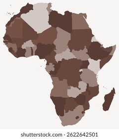 Mapa da África com países. Apenas um simples mapa de fronteiras do continente com divisão de países. Paleta de cores marrom. Forma de África plana com divisão administrativa. Ilustração vetorial.