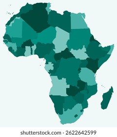 Mapa da África com países. Apenas um simples mapa de fronteiras do continente com divisão de países. Paleta de cores azul-petróleo. Forma de África em branco com divisão administrativa. Ilustração vetorial.