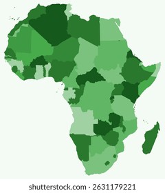 Mapa da África com países. Apenas um simples mapa de fronteiras do continente com divisão de países. Paleta de cores verde. Forma de África em branco com divisão administrativa. Ilustração vetorial.