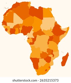Mapa da África com países. Apenas um simples mapa de fronteiras do continente com divisão de países. Paleta de cores laranja. Forma de África em branco com divisão administrativa. Ilustração vetorial.