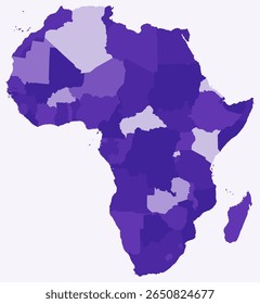 Map of Africa with countries. Just a simple continent border map with country division. Deep purple color palette. Flat Africa shape with administrative division. Vector illustration.