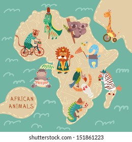 Map of Africa with cute animals in vector. African animals set: jaguar, giraffe, hippopotamus, iguana, zebra, lion, crocodile, koala, elephant, vulture