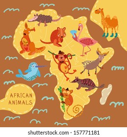 Map of Africa with cute animals in vector. African animals set: flamingo,impala,monkey,camel,opossum,narwhal,numbat,kangaroo,quokka,tarsier