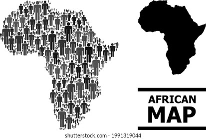 Map of Africa for demographics applications. Vector demographics mosaic. Collage map of Africa made of person pictograms. Demographic scheme in dark grey color variations.