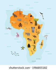 Map of africa with different animal. Funny cartoon banner for children with the continent, ocean and lot of funny animals. Materials for kids preschool education