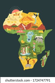 Map of Africa with famous natural landmarks Kilimanjaro mount, waterfall Victoria, Lake Victoria and animals. Decorative posters for travel banners, books illustrations.