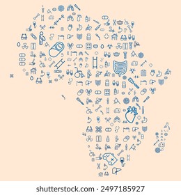Map of Africa formed by icons related to medicine and healthcare system. SUS. Public healthcare. 
