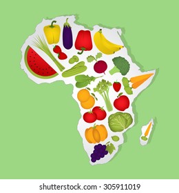 Map Of Africa Full Of Fruits And Vegetables. Green Background.