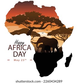 Map of Africa, Happy Africa day, May 15, vector design, elephants and jungle