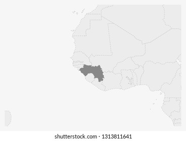 Map of Africa with highlighted Guinea map, gray map of Guinea with neighboring countries