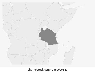 Map of Africa with highlighted Tanzania map, gray map of Tanzania with neighboring countries