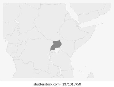 Map of Africa with highlighted Uganda map, gray map of Uganda with neighboring countries