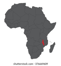 Map of Africa on gray with red Malawi vector