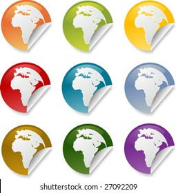 Map of Africa on round sticker. various colors
