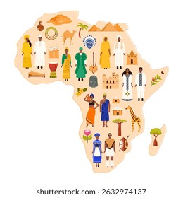 Map of Africa showcasing diverse cultures, traditional clothing, and iconic landmarks. Representation of African heritage and symbols, vector illustration.