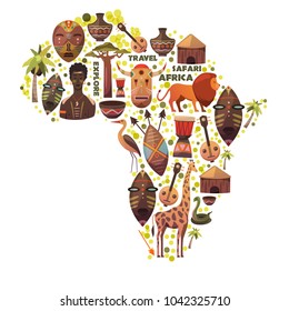 Map Of Africa With Vector Icons. Masks, Music, Animals, People. Safari, Travel And Adventure. Explore New World.