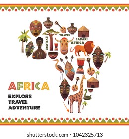 Map of Africa with vector icons. Masks, music, animals, people. Safari, travel and adventure. Explore new world.