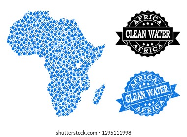 Map of Africa vector mosaic and clean water grunge stamp. Map of Africa created with blue water drops. Seal with corroded rubber texture for clean drinking water.