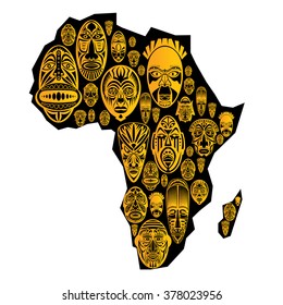 Map of Africa with vector tribal ethnic masks in white background