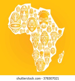 Map of Africa with vector tribal ethnic masks in yellow background