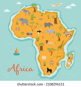 Map of Africa with wild animals and plants. Travel icons. Zebra, giraffe, elephant, hippopotamus, ostrich, giraffe, lion, cheetah, lemur, rhinoceros, antelope. Baobab and palm trees.