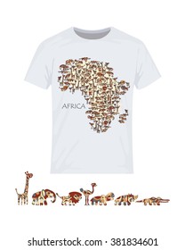 Map of Africa with wild animals. Vector design for printing on T-shirts. Eps10 file comfortable for editing. 