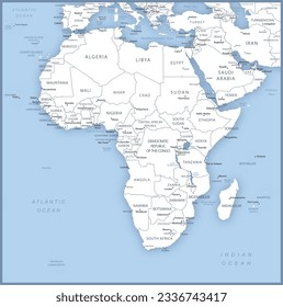 Mapa del continente africano con nombres de países, capitales y ciudades. Ilustración del vector