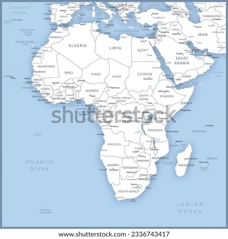 Map of African Continent with names of countries, capitals and cities. Vector illustration