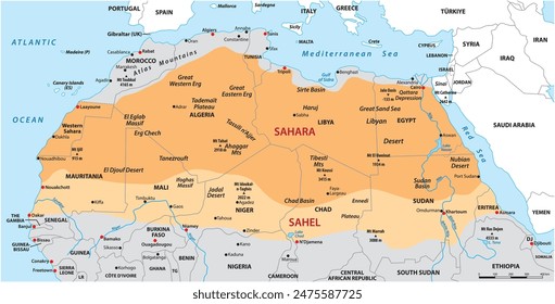 Mapa del Desierto del Sahara Africano y la Región del Sahel