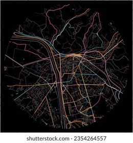 Map of Agen, Lot-et-Garonne with all major and minor roads, railways and waterways. Colorful line art on black background.