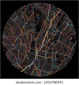 Map of AgioiAnargyroi, Attica with all major and minor roads, railways and waterways. Colorful line art on black background.