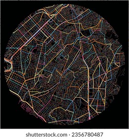 Map of AgiosDimitrios, Attica with all major and minor roads, railways and waterways. Colorful line art on black background.