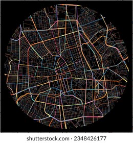 Karte von Aguascalientes, Aguascalientes mit allen wichtigen und kleineren Straßen, Eisenbahnen und Wasserstraßen. Farbige Linienkunst auf schwarzem Hintergrund.