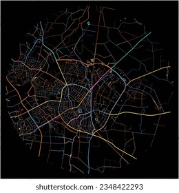 Map of Ahaus, North Rhine-Westphalia with all major and minor roads, railways and waterways. Colorful line art on black background.