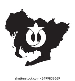 Map of Aichi prefecture with its official flag in white and black colors. Vector illustration