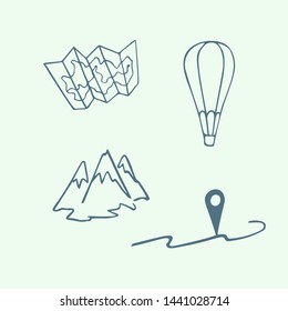 Map, air balloon, mountains, way point. Set of travelling elements. Hand drawn vector illustration.