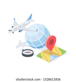 Map, air plane, tourism. Vector 3d isometric, color web icon, new flat style. Creative illustration design, idea for infographics.