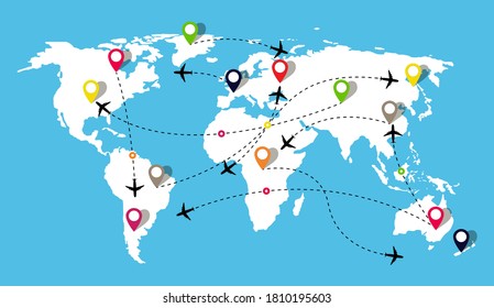 Map With Airplanes Flight. Travel In World On Plane. Route Of Airline With Aeroplane Path. Air Traffic For Delivery From China To Us And Europe. Tracks Of Flying And Airports For Trip Plan. Vector.