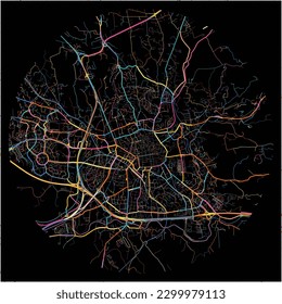 Mapa de Aix-en-Provence, Bouches-du-Rhône con todas las carreteras principales y menores, ferrocarriles y vías fluviales. Coloridas líneas de arte sobre fondo negro.