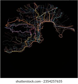 Mapa de Ajaccio, Corse-du-Sud con todas las carreteras principales y menores, vías férreas y vías fluviales. Coloridas líneas de arte sobre fondo negro.