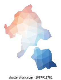 Karte von Aka Island. Low-Poly-Illustration der Insel. Geometrisches Design mit Streifen. Technologie, Internet, Netzkonzept. Vektorgrafik.