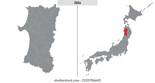 mapa de la prefectura de Akita de Japón y ubicación en el mapa japonés