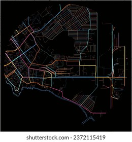 Map of Aktau, Mangystau Province with all major and minor roads, railways and waterways. Colorful line art on black background.