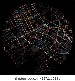 Map of Aktobe, Aktobe Province with all major and minor roads, railways and waterways. Colorful line art on black background.