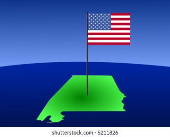 mapa de Alabama con la bandera estadounidense en el polo