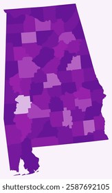 Map of Alabama with counties. Just a simple state border map with county division. Purple color palette. Flat State of Alabama shape with administrative division. Vector illustration.